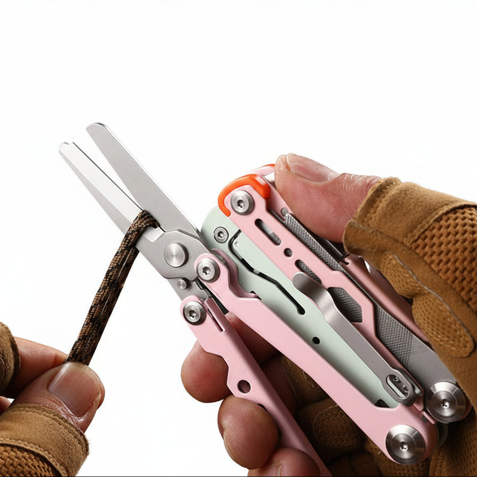 A compact multi-tool pocket knife shown open, featuring silver metal blades and handles with pink and orange accents. The top section shows the tool against a dark textured background with Chinese text overlaid, and the bottom section shows a hand holding the tool in use.