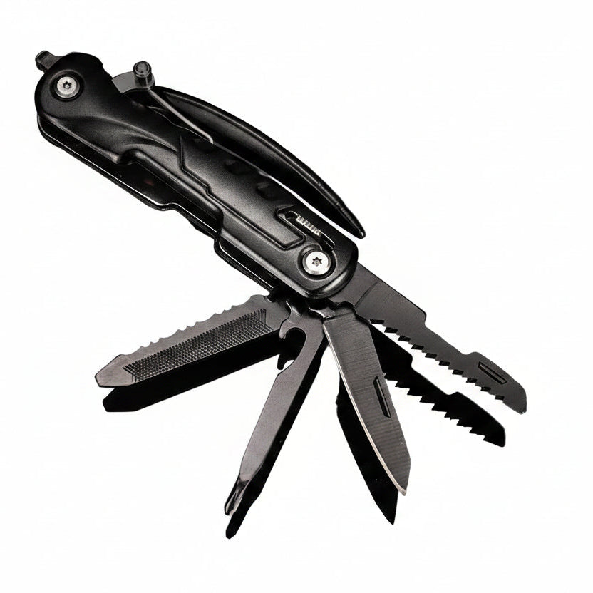 A black multi-tool pocket knife with several tools extended, shown on a dark reflective background with Chinese text overlays describing its functions.