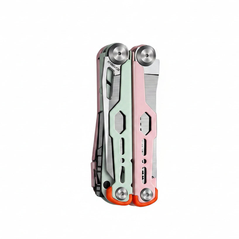 A multi-tool pocket knife shown vertically on a dark textured background with Chinese text and dimensions. The tool has a silver-toned metal body with a pink handle wrap and orange accents near the pivot points.