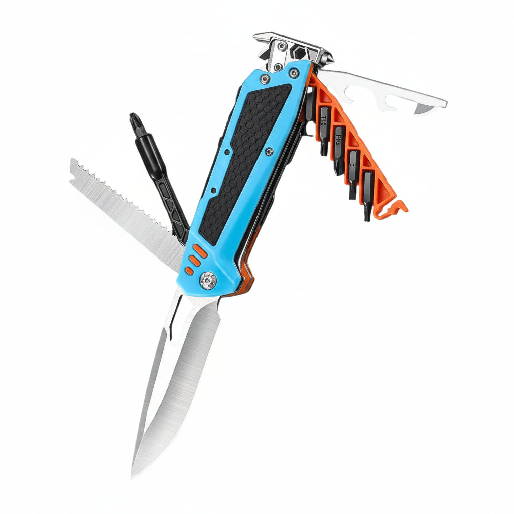 A multi-tool pocket knife shown in two color variants: gray with silver blades and orange accents, and blue with silver blades and orange accents. Both are displayed open on a dark forest background with a tree stump.