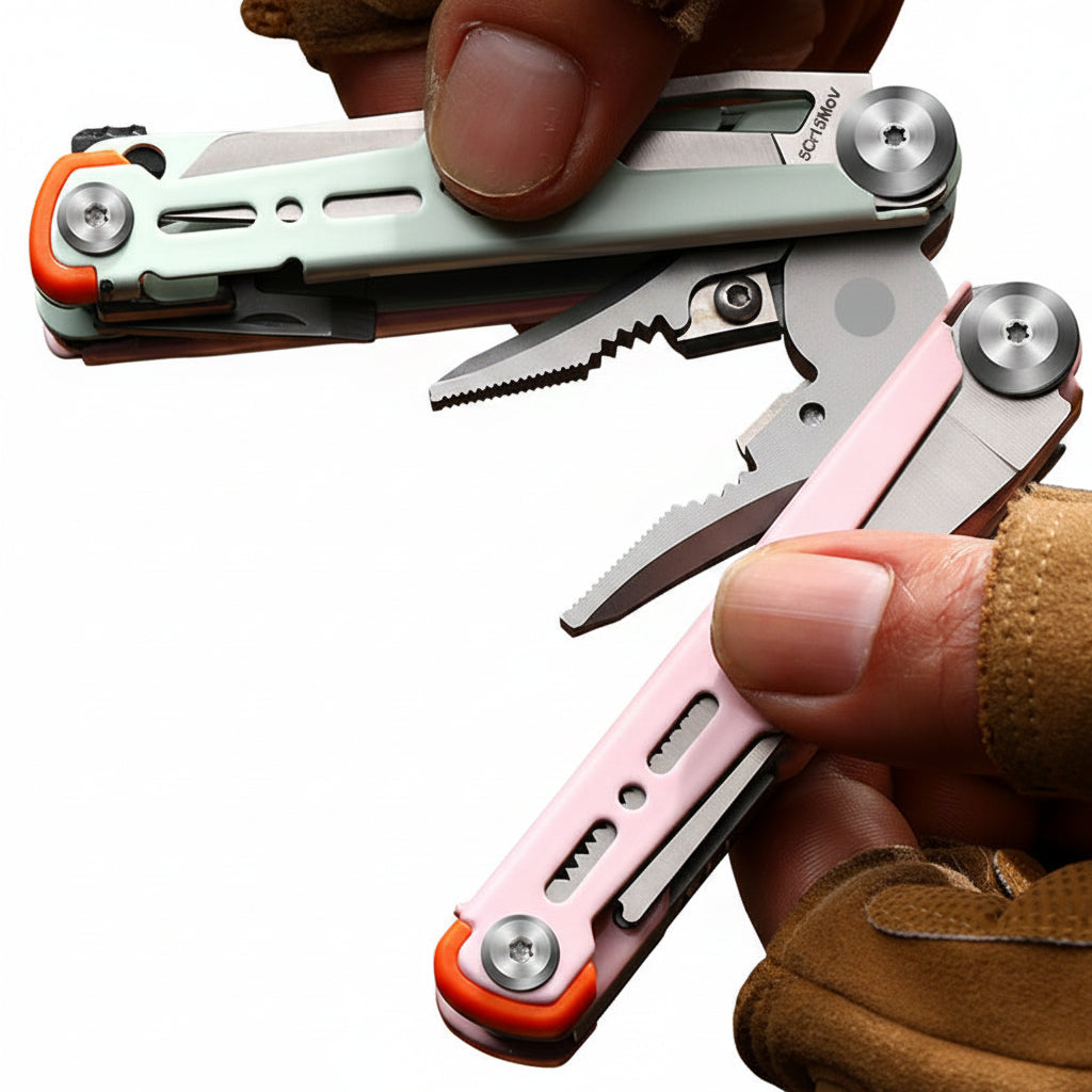Two compact multi-tool pocket knives are shown being held by hands wearing brown leather work gloves. One tool is light gray with orange accents, and the other is pale pink with orange accents.