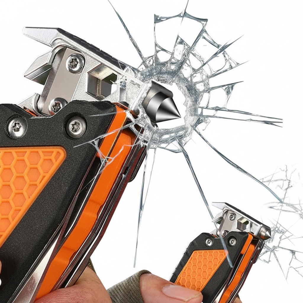 A promotional composite showing a multi-tool style window breaker tool in orange and black, with one large close-up of a broken glass impact and two smaller inset demonstrations including a hammer-like use and a blade-like use. Chinese text appears in the corners, and no clear product brand is visible.