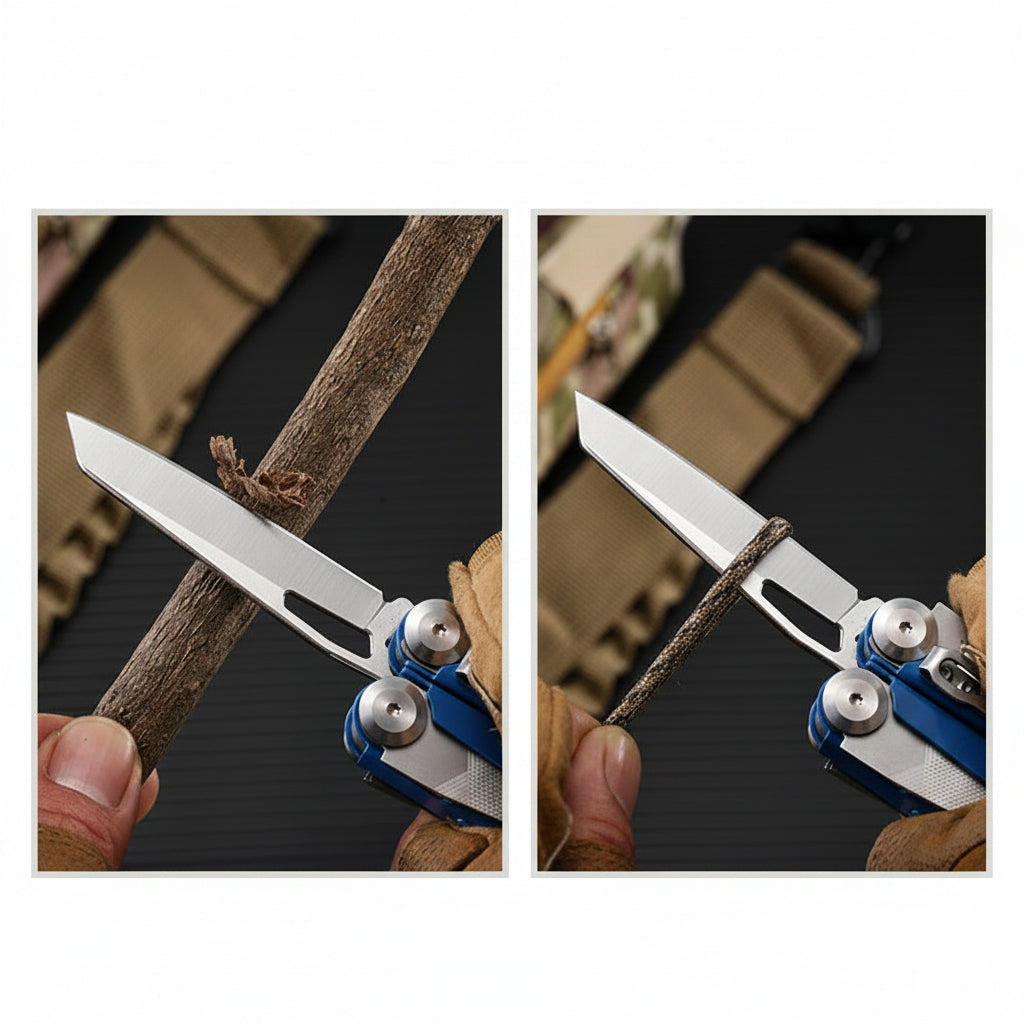A two-panel demonstration of a compact multi-tool knife with a silver blade and blue handle. The left panel shows the knife scraping a tree branch, with Chinese text at the top.
