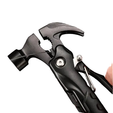 A black multi-tool hammer shown in three panels: one close-up of a hand holding the tool, and two demonstration panels showing it being used to pry off rusted nails and lift a wood stake. Chinese text overlays describe the functions.