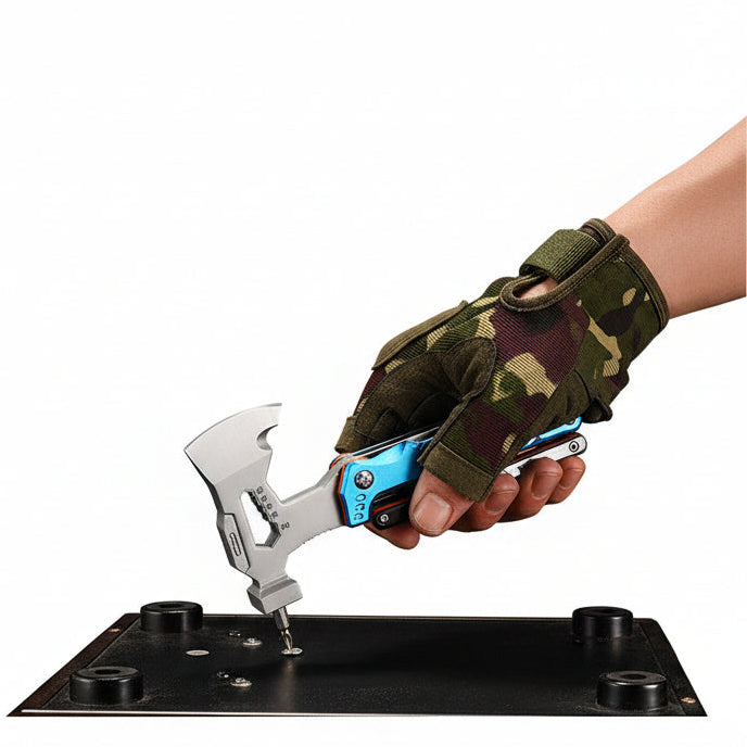 A close-up of a person using a compact multi-tool screwdriver with a white and silver body and blue accents, shown over a dark work surface. The image includes Chinese marketing text at the top and two inset detail panels at the bottom showing the tool and included bits.