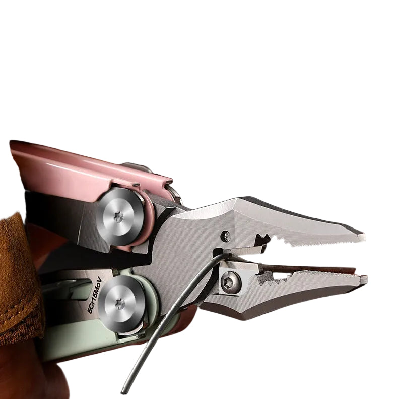 A multi-tool pliers shown in a close-up product demonstration with Chinese text overlays highlighting a 3mm wire-bending capability. The main image shows hands holding the silver and pink tool, while two smaller inset images at the bottom compare standard and pointed jaws.