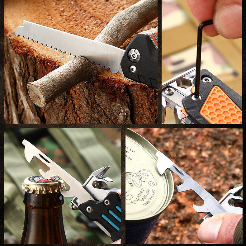 Collage of a multi-tool knife in various uses with a blurred outdoor background.