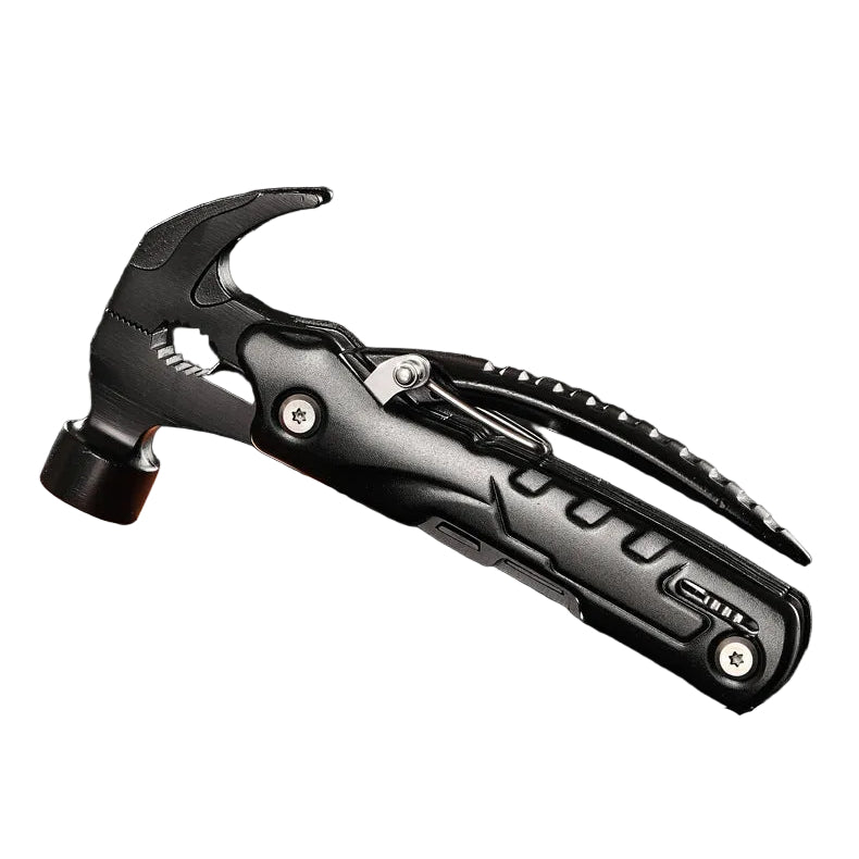 A black multi-tool hammer with a textured grip and metallic finish, displayed on a wooden block against a dark textured background with Chinese and English text.