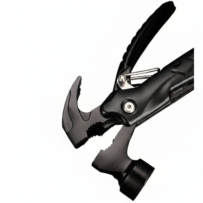 Close-up of a black multi-tool hammer with a high-carbon steel claw head, featuring a textured handle and a Chinese text overlay in a black box at the top left.