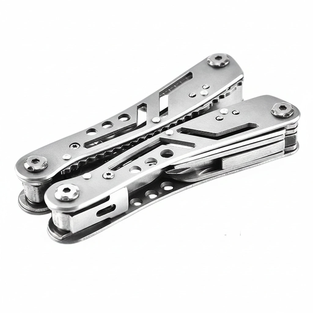 A silver metal multi-tool folding pocket tool shown on a white background with dimension annotations (10.2 cm length, 5 cm width, 1.