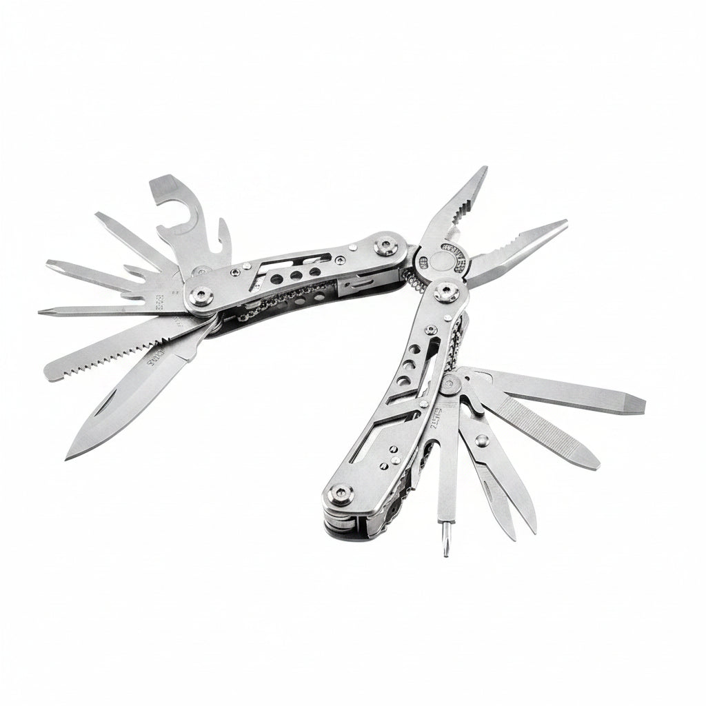 A stainless steel multi-tool pocket knife with pliers and a serrated blade open, shown on a plain white background with a smaller detail view below.