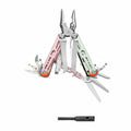A multi-tool pocket knife with pink, green, and silver handles is displayed against a dark textured background with Chinese text labels pointing to different tools and features.