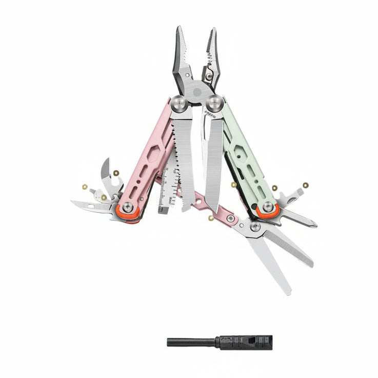 A multi-tool pocket knife with pink, green, and silver handles is displayed against a dark textured background with Chinese text labels pointing to different tools and features.