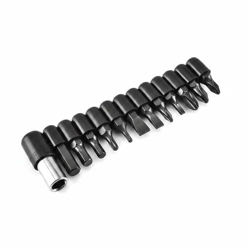 A set of black hex driver bits displayed alongside a silver multi-tool, shown in two separate product shots on a white background.