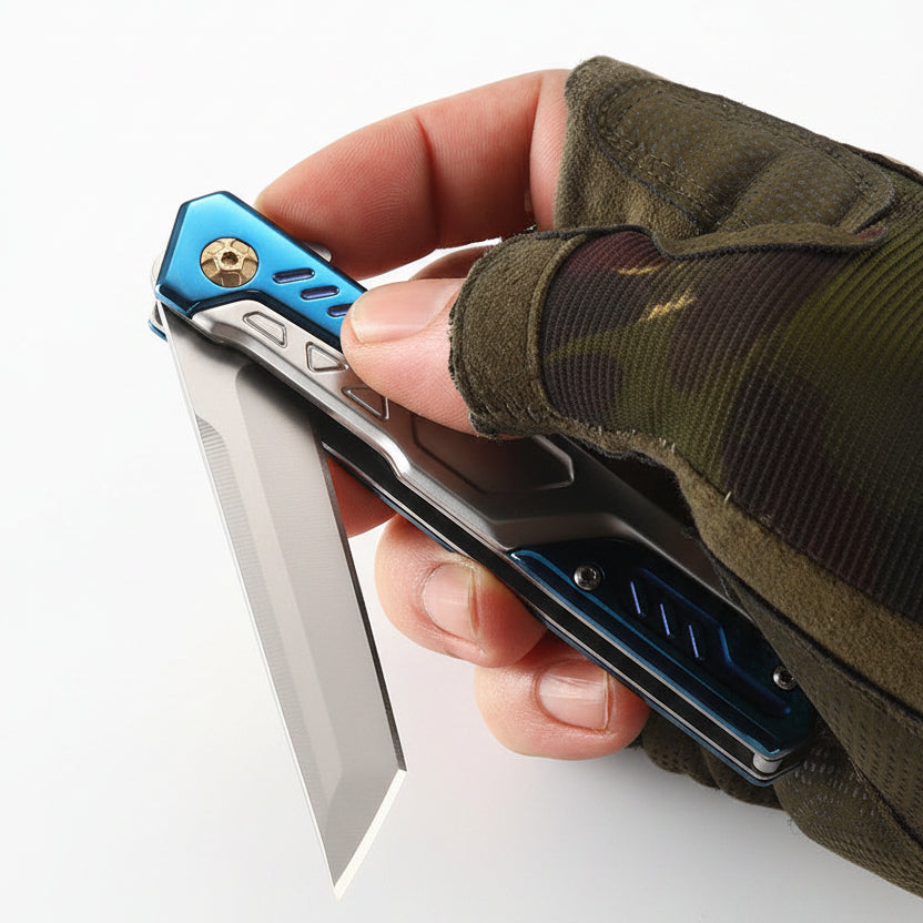 A close-up of a hand wearing a camouflage fingerless glove holding a folding pocket knife with a blue and black handle and a partially serrated blade.