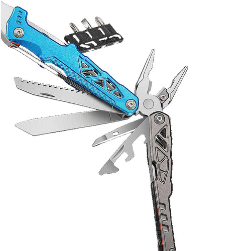 A multi-tool pocket knife with a bright blue handle and silver stainless steel tools extended, including blades, pliers, and a bottle opener, shown on a plain white background.