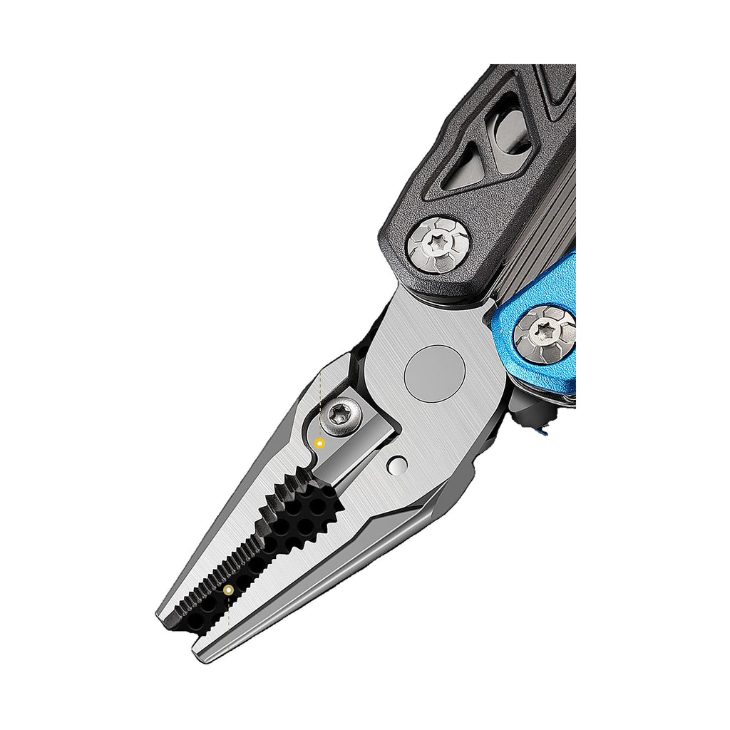 A close-up of a multi-tool pliers with a black and silver metal body, a blue accent on the handle, and a serrated black jaw, shown on a plain white background.