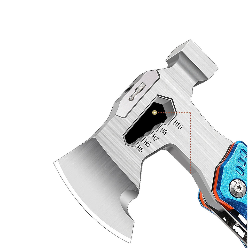 A compact tactical tomahawk axe with a silver stainless steel head and a blue, orange, and black textured handle, shown on a plain white background.