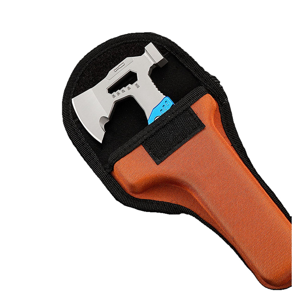 A multi-tool axe with a silver blade and blue handle grip, shown partially inserted into an orange and black nylon sheath on a white background.