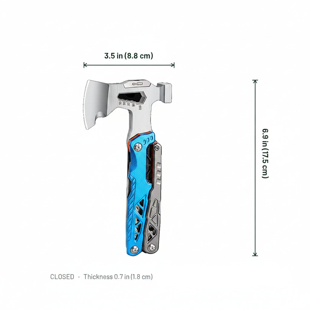 Two views of a compact multi-tool hatchet shown on a white background with dimension lines and text indicating 3.5 in (8.