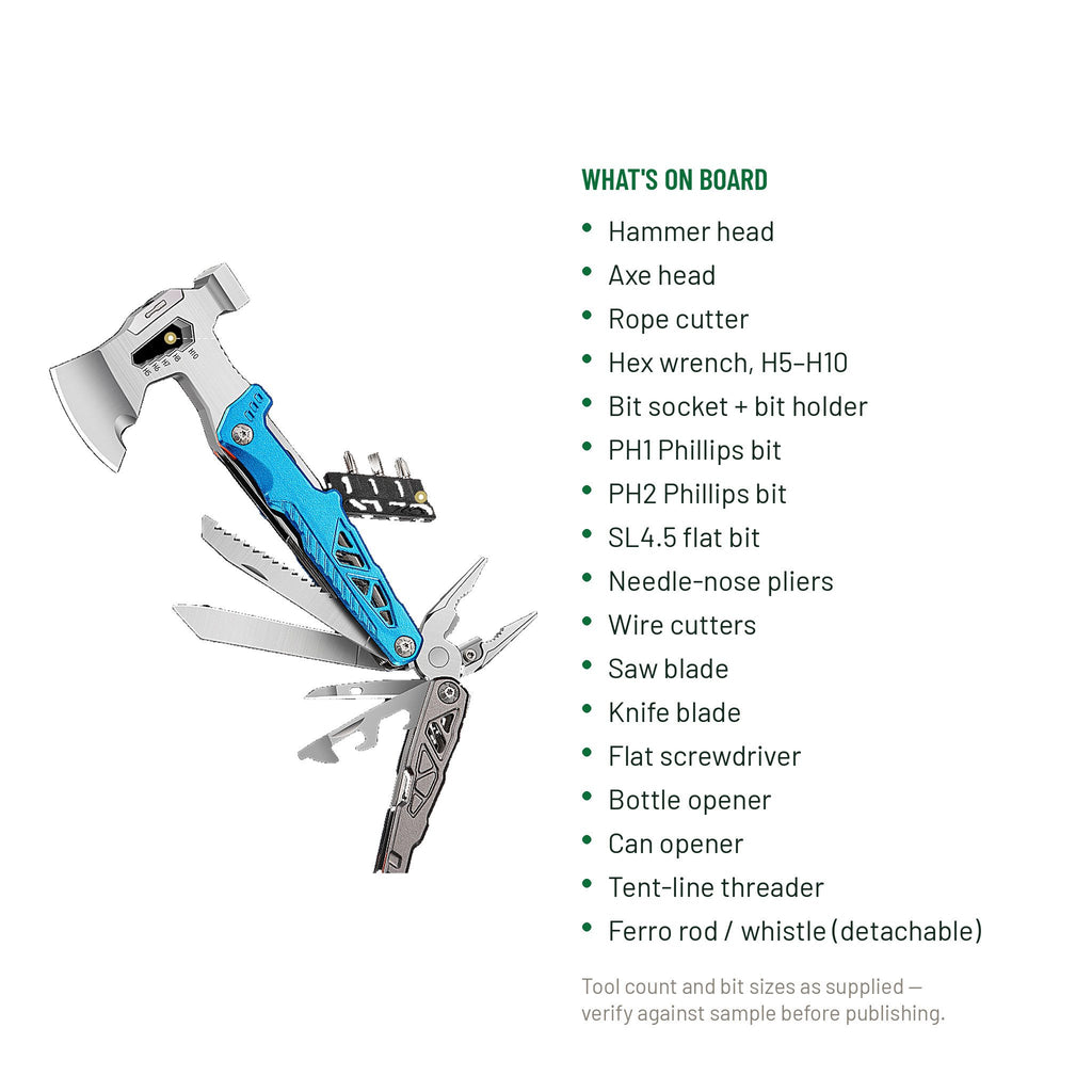 A blue and black ZW multi-tool with an axe head attached, shown on a white background next to a bulleted list of included tools and features.