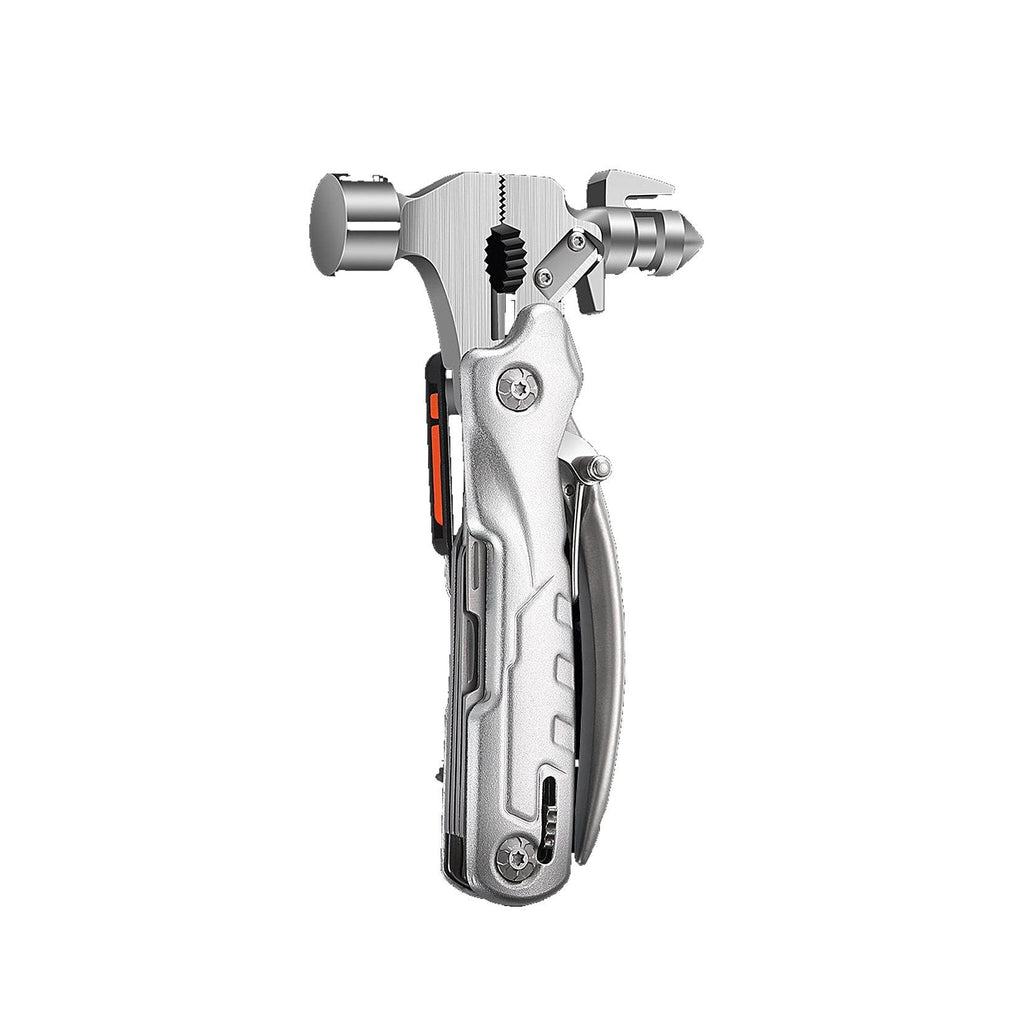 A silver metallic multi-tool device with a futuristic ergonomic design, featuring a textured handle, a side orange accent strip, and a small black grip pad, shown on a plain white background.