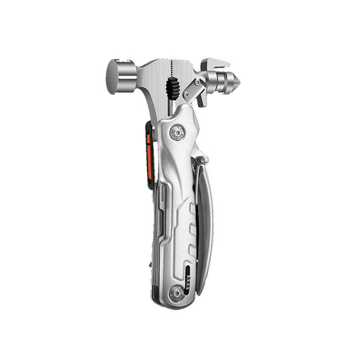 A silver metallic multi-tool device with a futuristic ergonomic design, featuring a textured handle, a side orange accent strip, and a small black grip pad, shown on a plain white background.