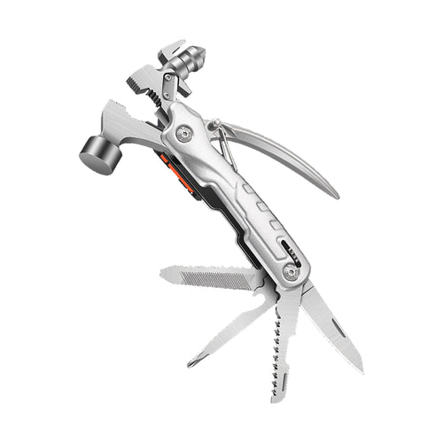 A silver multi-tool pocket knife with several tools extended, including a hammer head, screwdriver bit, scissors, and knife blade, shown on a plain white background.