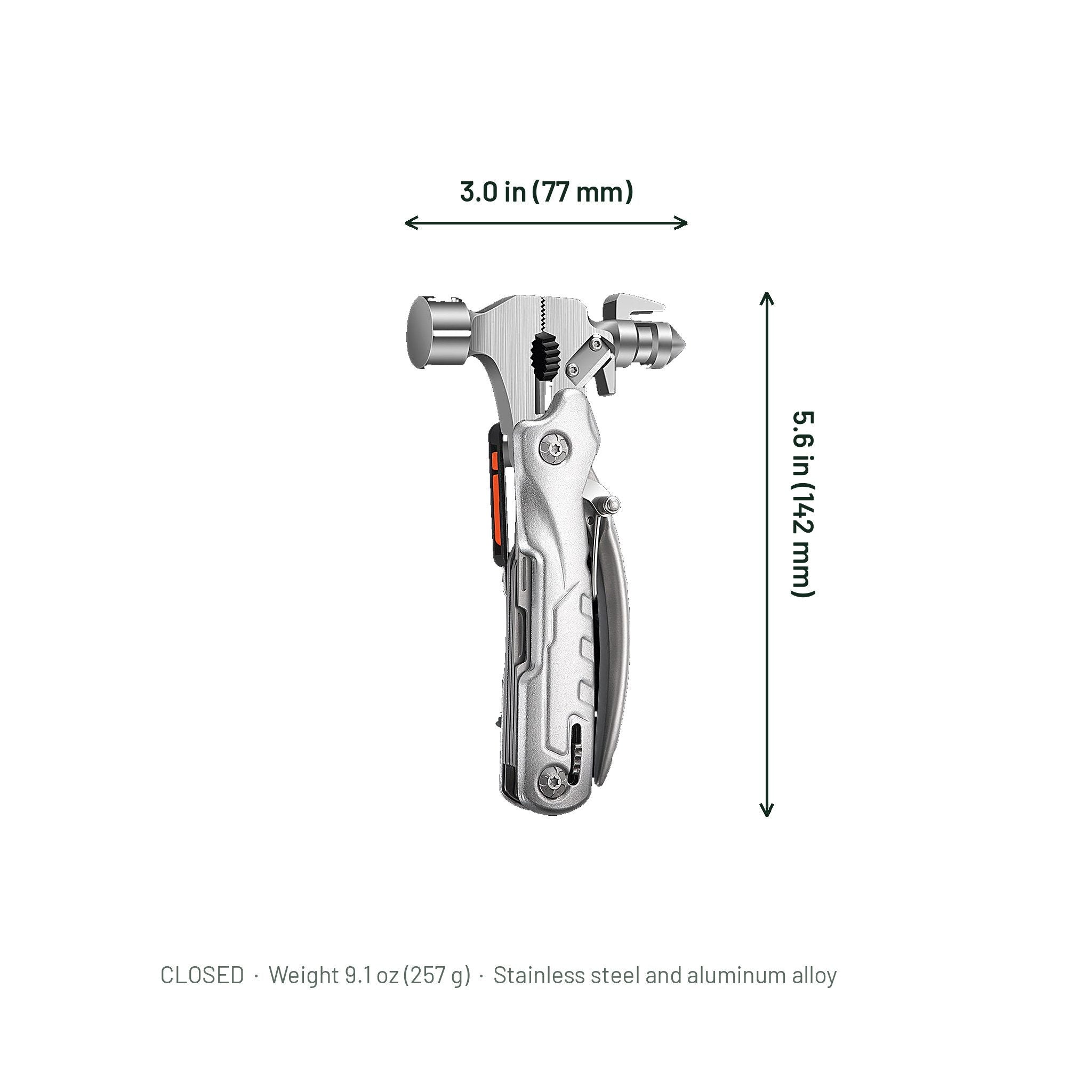 A stainless steel and aluminum multi-tool keychain shown closed, with dimension arrows indicating a height of 5.6 in (142 mm) and width of 3.