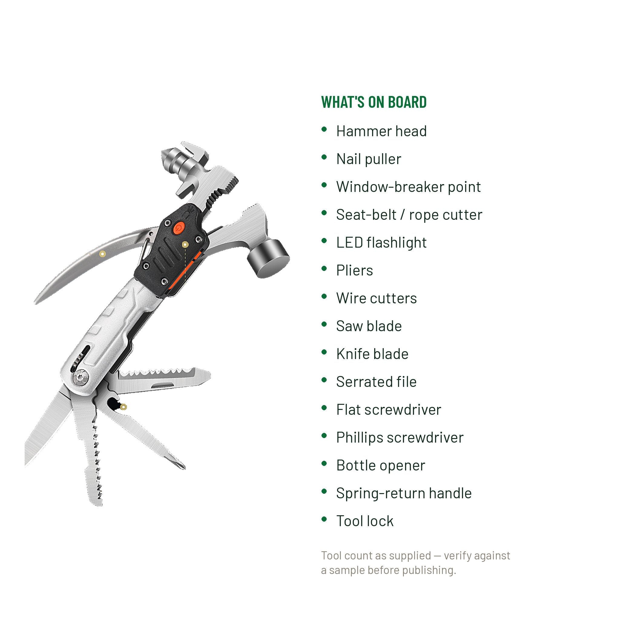 A multi-tool pocket tool with several implements extended, shown next to a text list titled 'WHAT'S ON BOARD' on a white background. The tool is primarily silver and black with orange accents.
