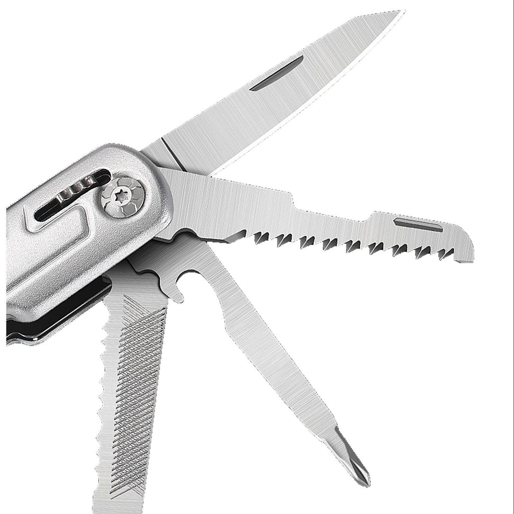 A silver multi-tool pocket knife with several tools extended, including a blade, saw, and screwdriver, shown against a plain white background.