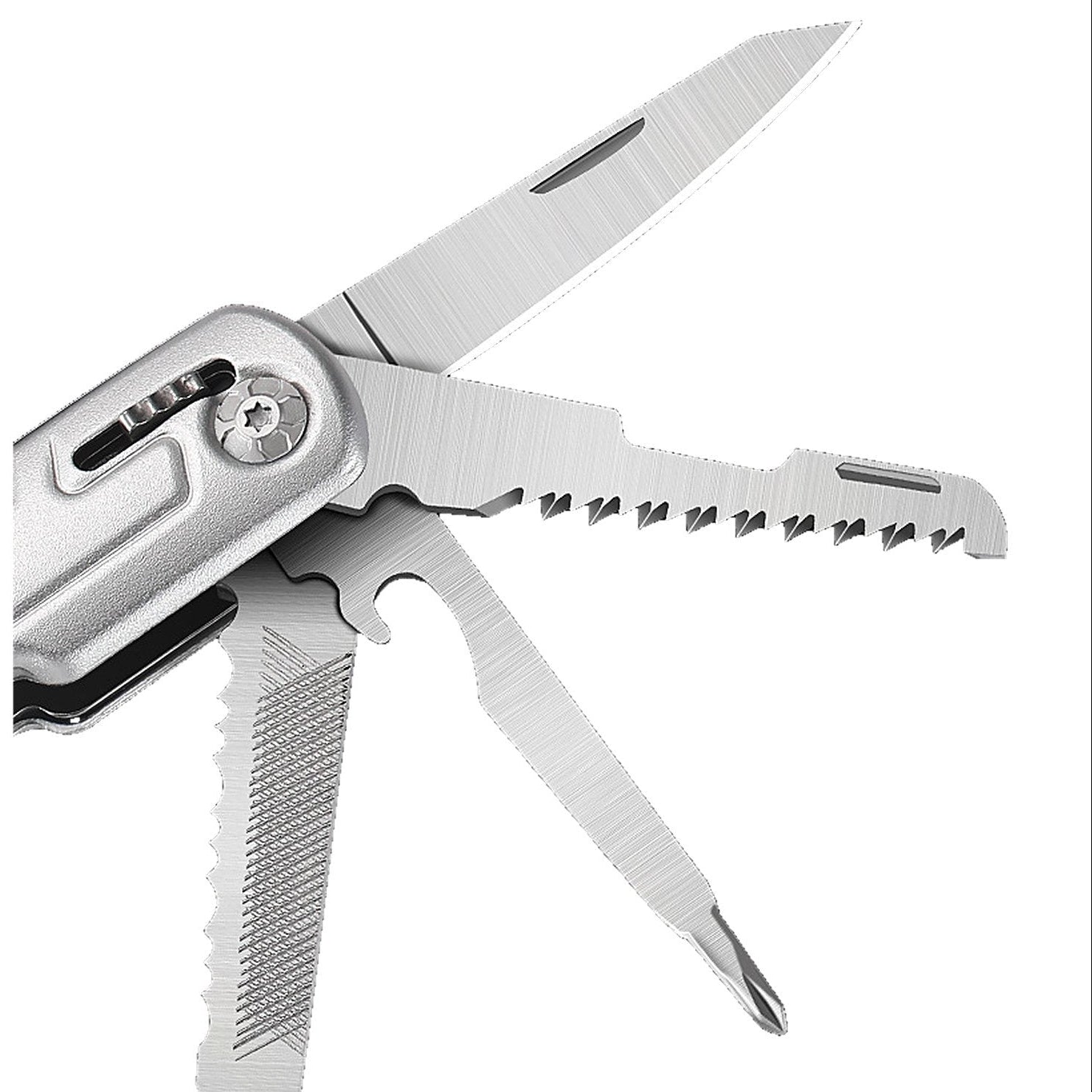 A silver multi-tool pocket knife with several tools extended, including a blade, saw, and screwdriver, shown against a plain white background.