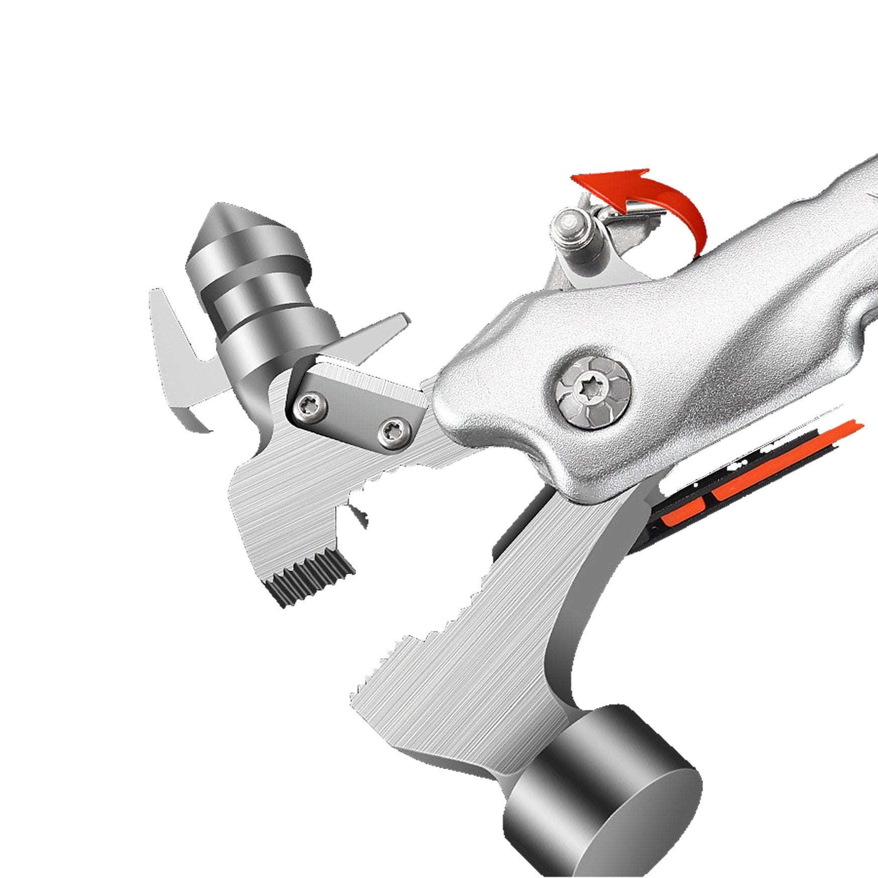 A silver metal multi-tool with a hook-like jaw and a hammer-like head, shown on a plain white background with small red arrow graphics indicating a mechanism.