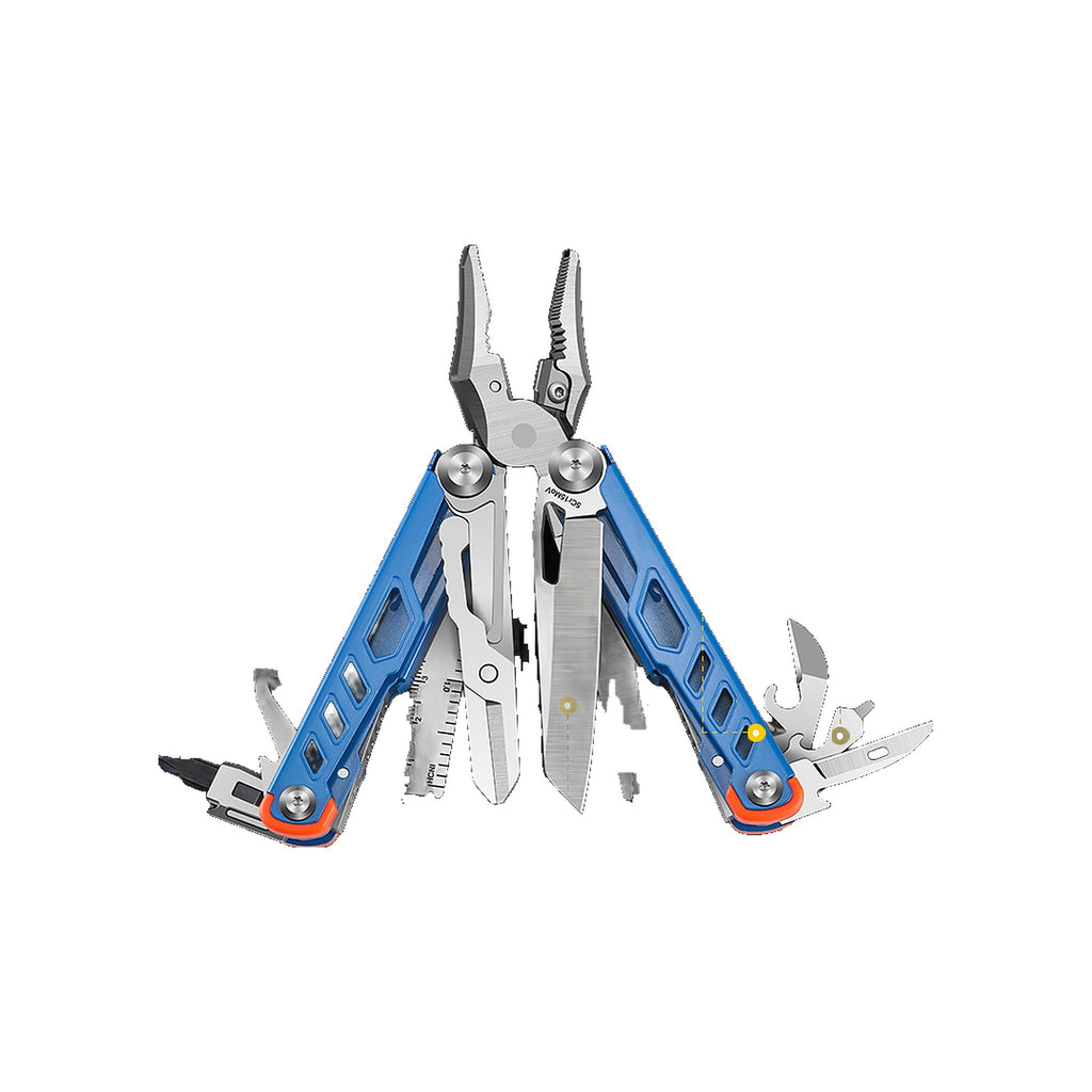 A multi-tool pocket knife with blue anodized aluminum handles and silver stainless steel tools fully extended, including pliers, scissors, a knife blade, and a file, shown on a plain white background.