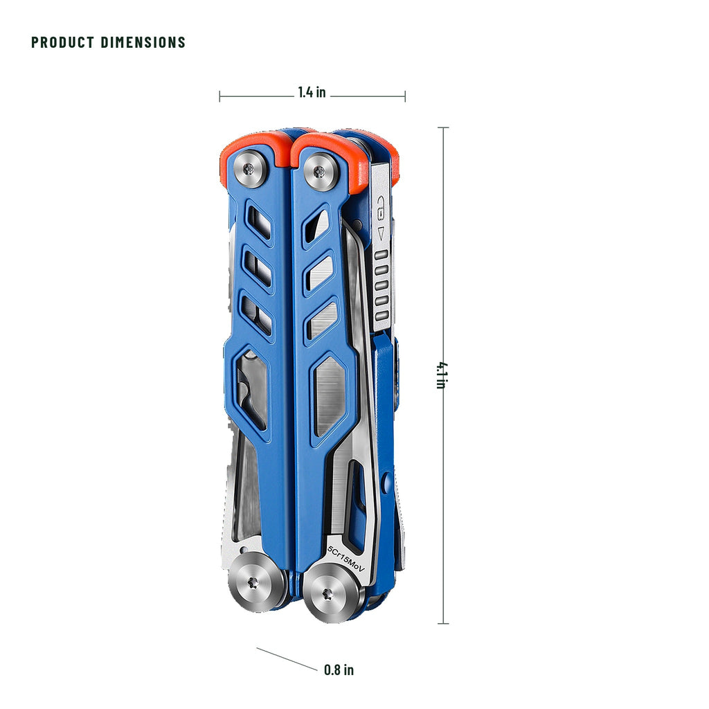 A blue and orange Leatherman multi-tool pocket knife shown on a white background with product dimension callouts: 14 in width, 4.1 in height, and 0.