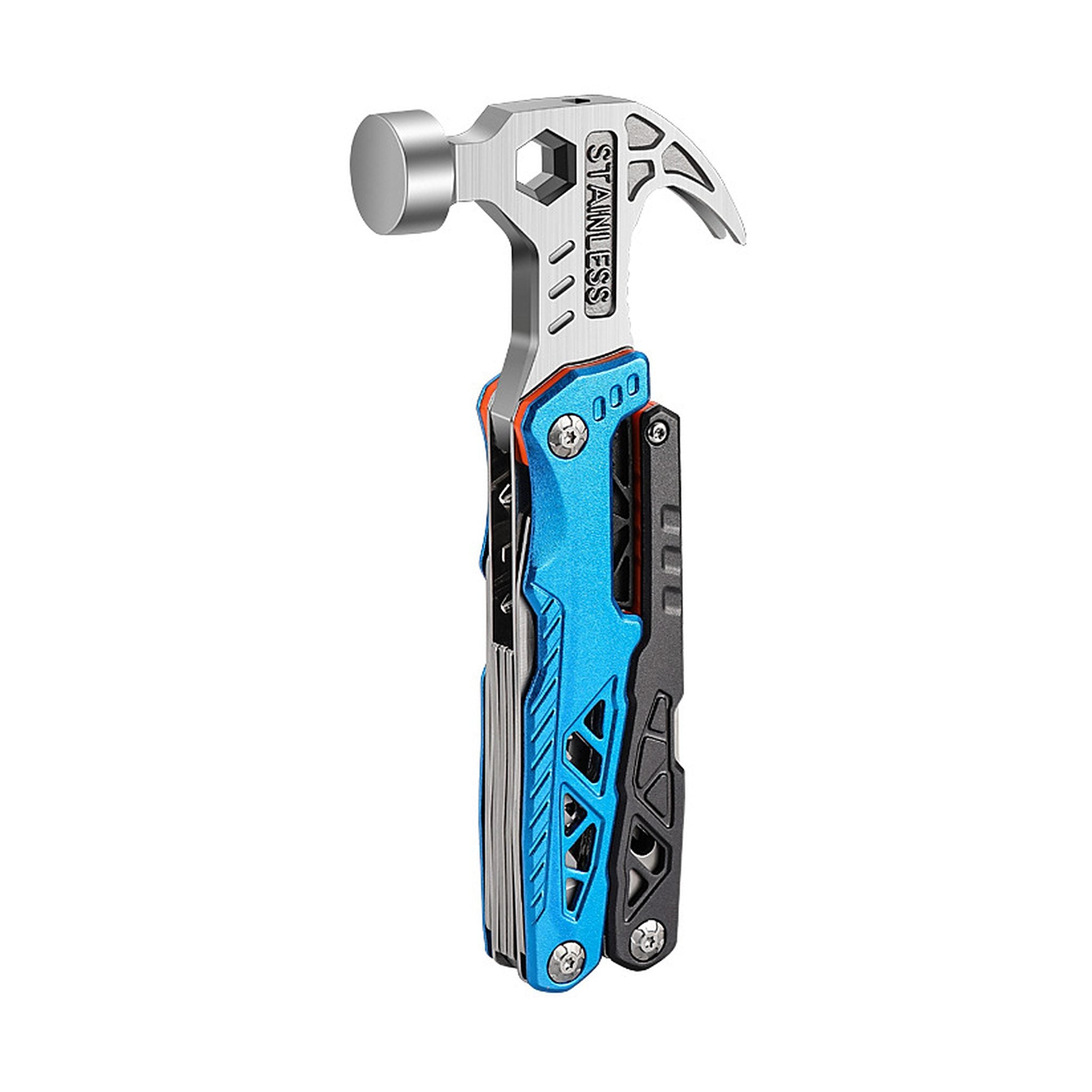 A multi-tool hammer with a stainless steel claw head and a blue, black, and silver anodized aluminum handle, shown on a solid white background.