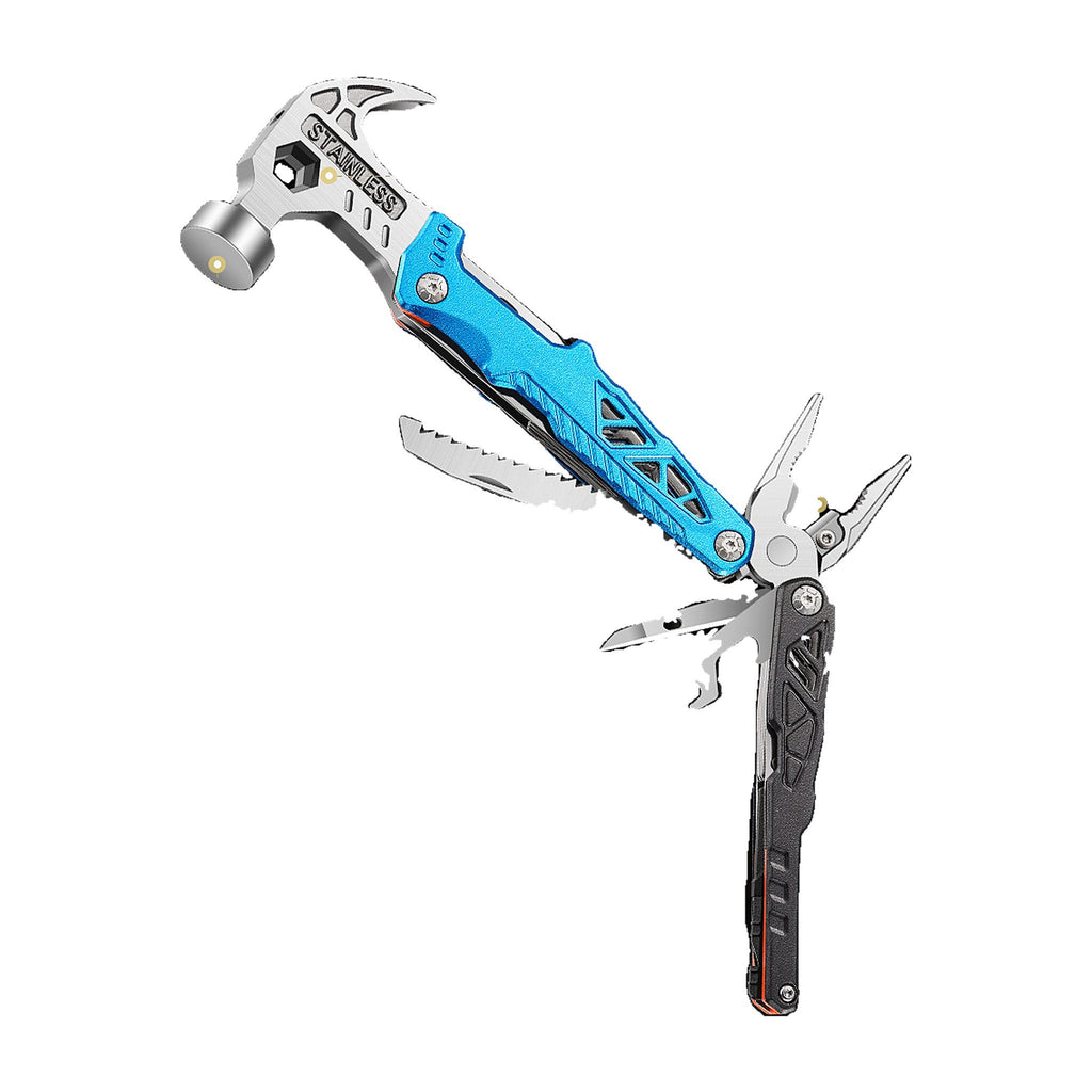 A multi-tool pocket hammer with a bright blue handle, silver claw hammer head, and extended silver pliers, shown on a plain white background.