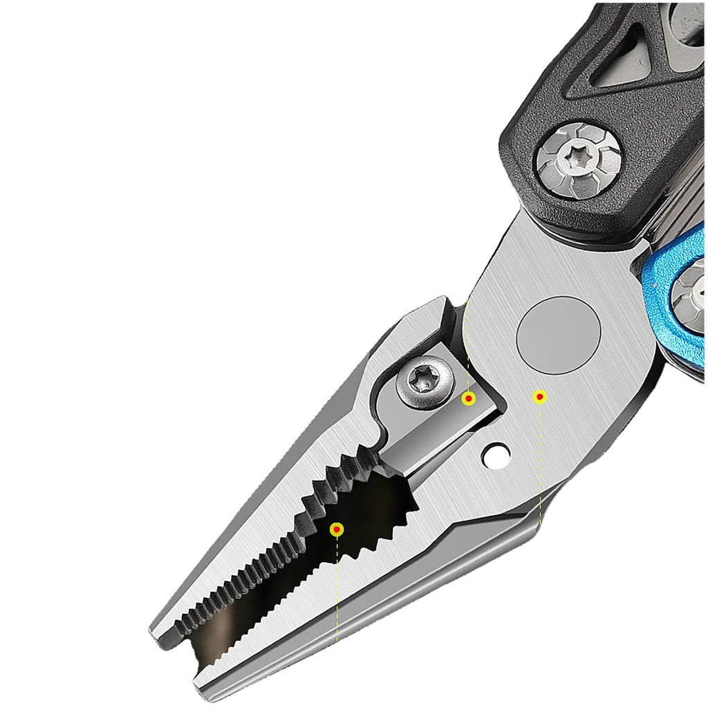 Close-up of a multi-tool pliers with silver stainless steel jaws, black textured handle, and blue accents on a plain white background.