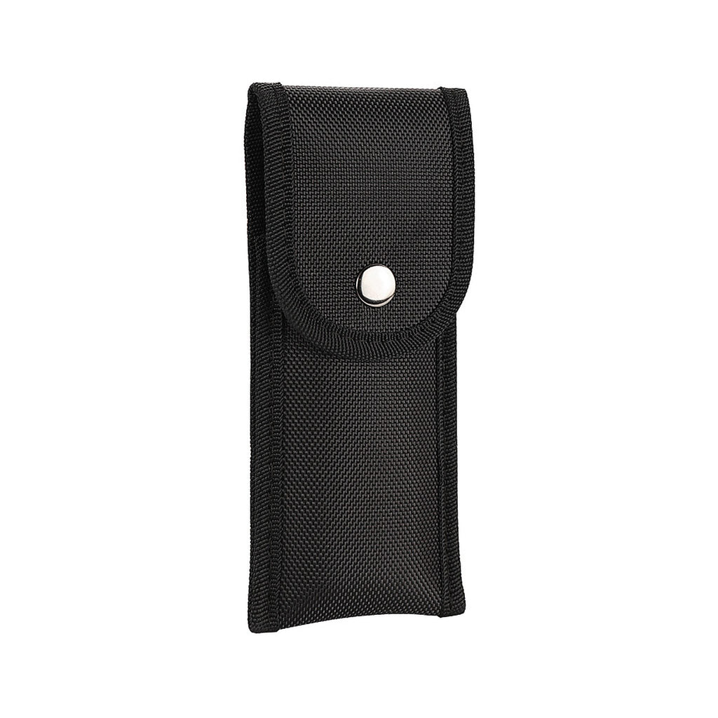 A black textured nylon pouch with a snap-button closure, shown against a plain white background.