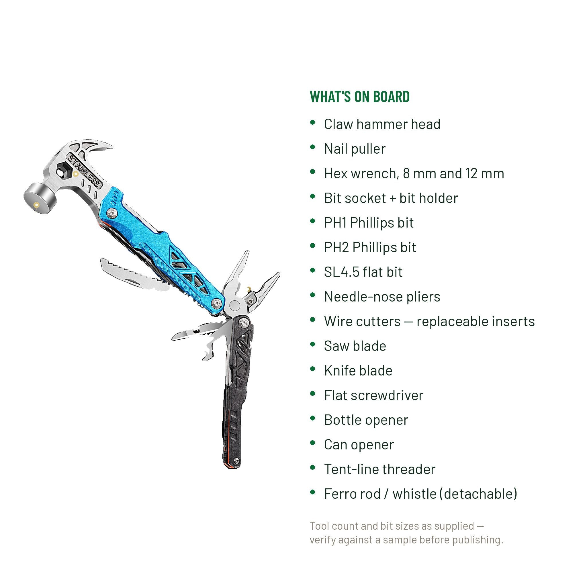 A multitool with a blue and black handle is shown on a white background next to a bulleted list of included accessories and features.