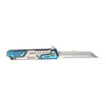 A futuristic folding pocket knife with a silver metallic blade and handle, accented with bright cyan blue panels and small gold details, shown against a solid white background.