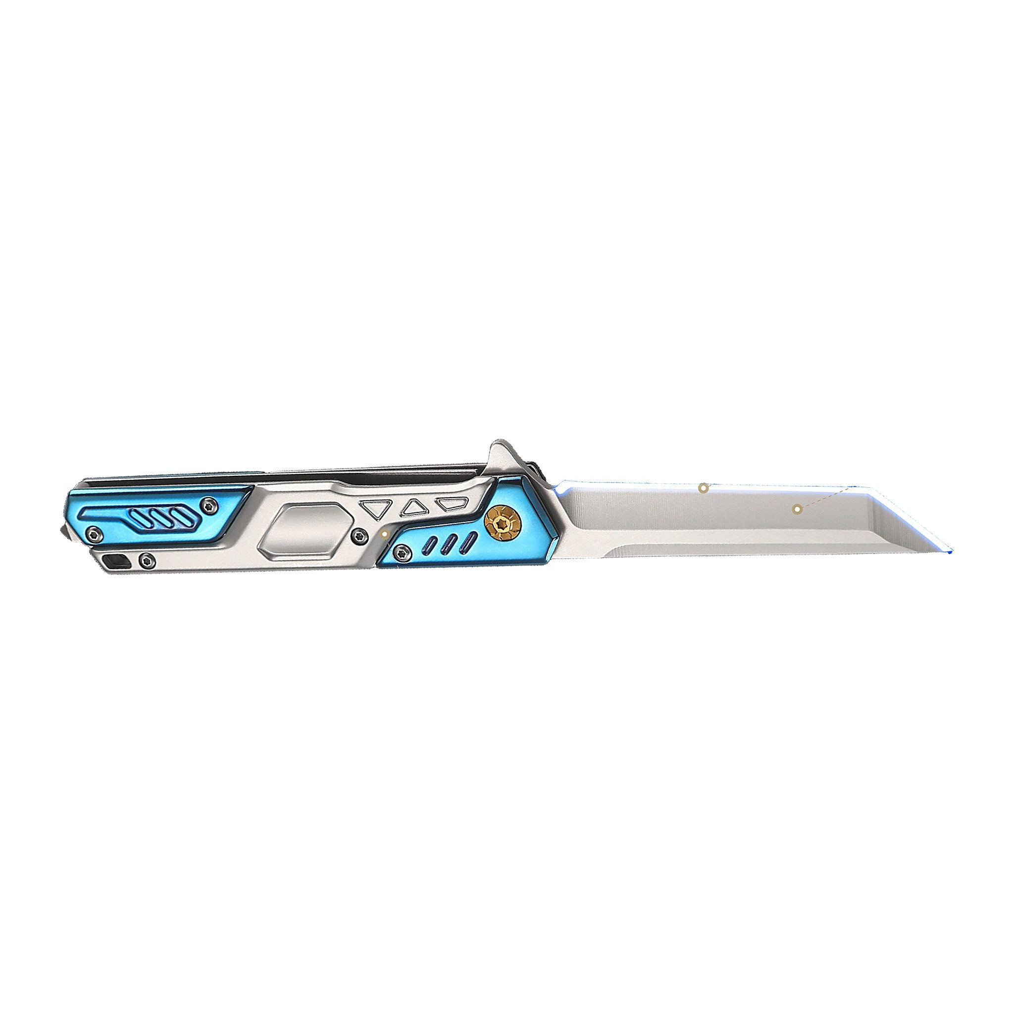 A futuristic folding pocket knife with a silver metallic blade and handle, accented with bright cyan blue panels and small gold details, shown against a solid white background.
