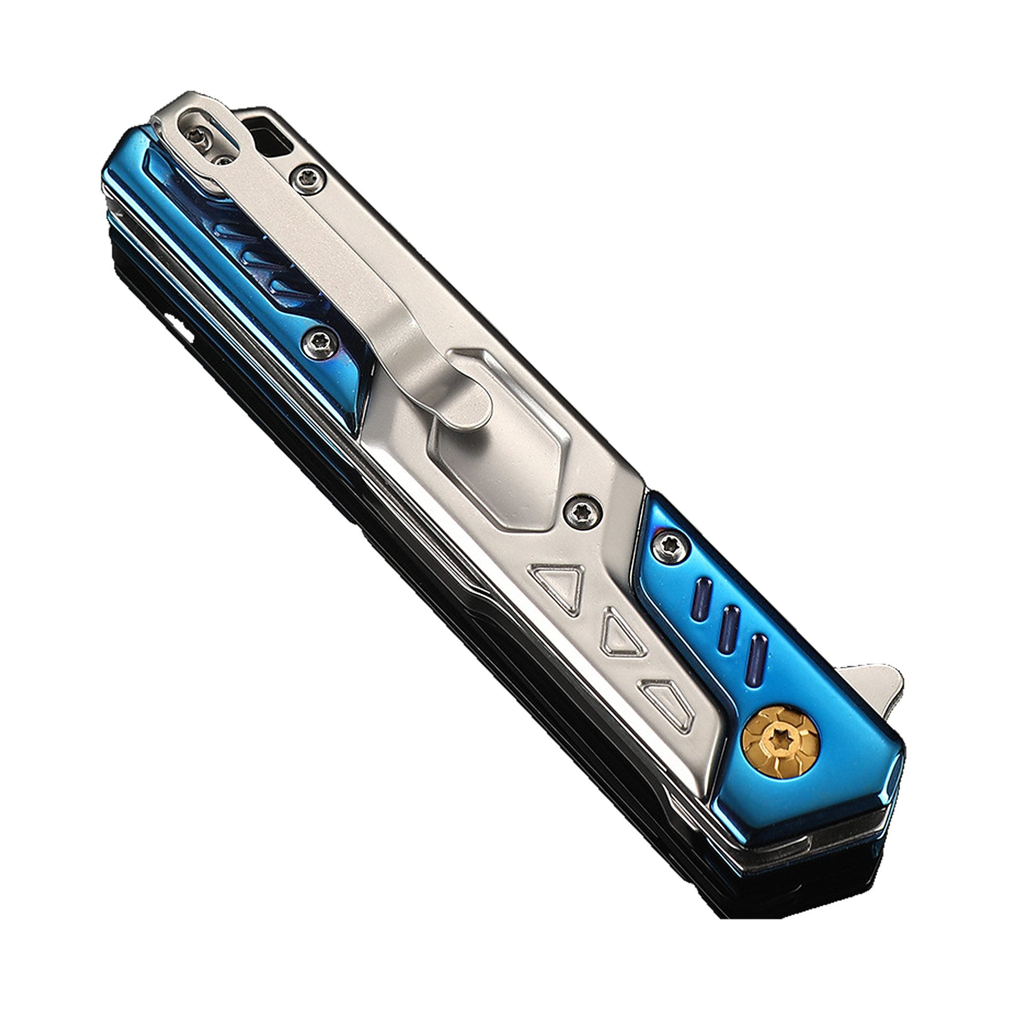 A folding pocket knife with a metallic blue and silver handle, featuring a silver clip point blade, shown on a solid white background.