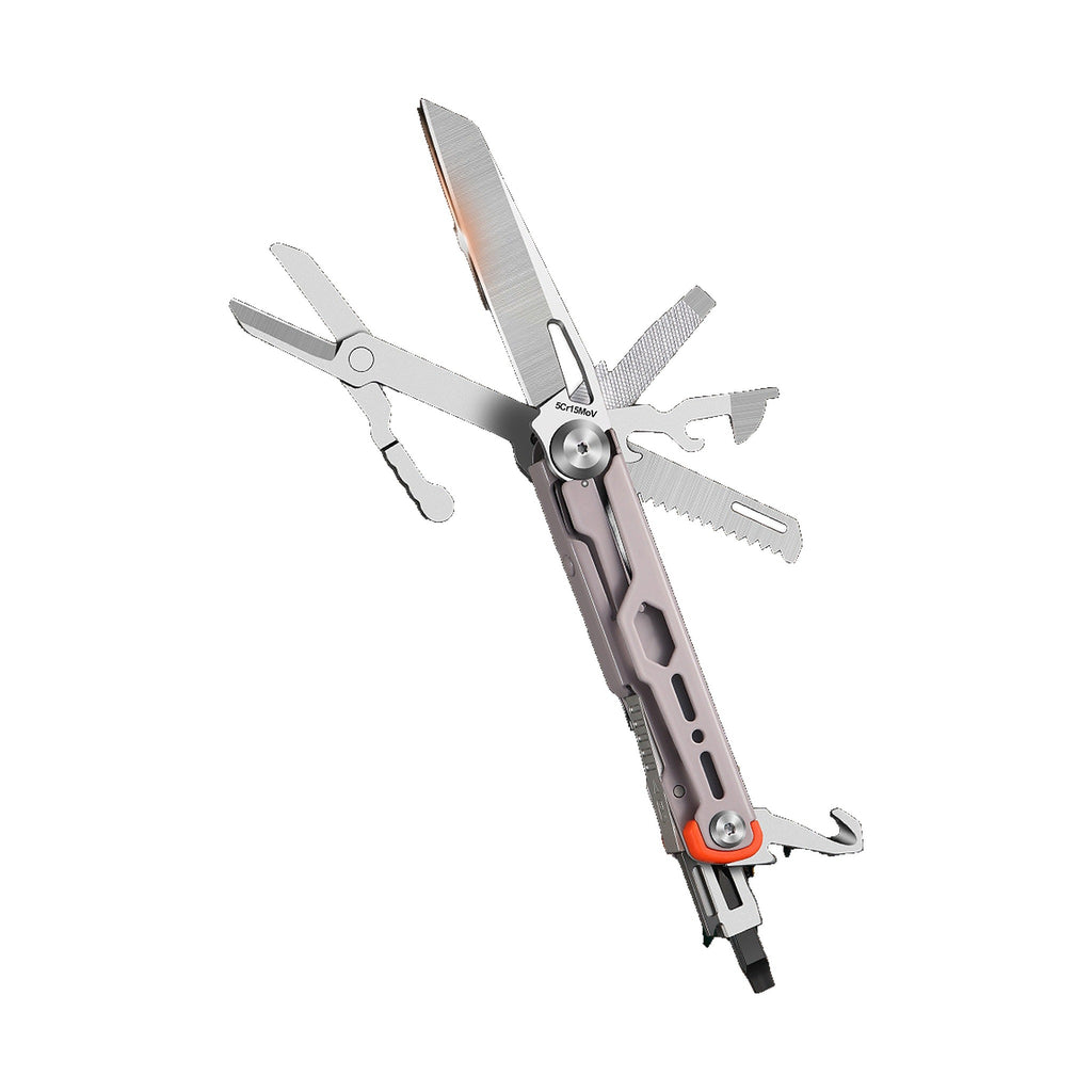 A multi-tool pocket knife with a textured gray handle and silver stainless steel tools extended, including a blade, scissors, and file, on a solid white background.