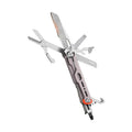 A multi-tool pocket knife with a textured gray handle and silver stainless steel tools extended, including a blade, scissors, and file, on a solid white background.