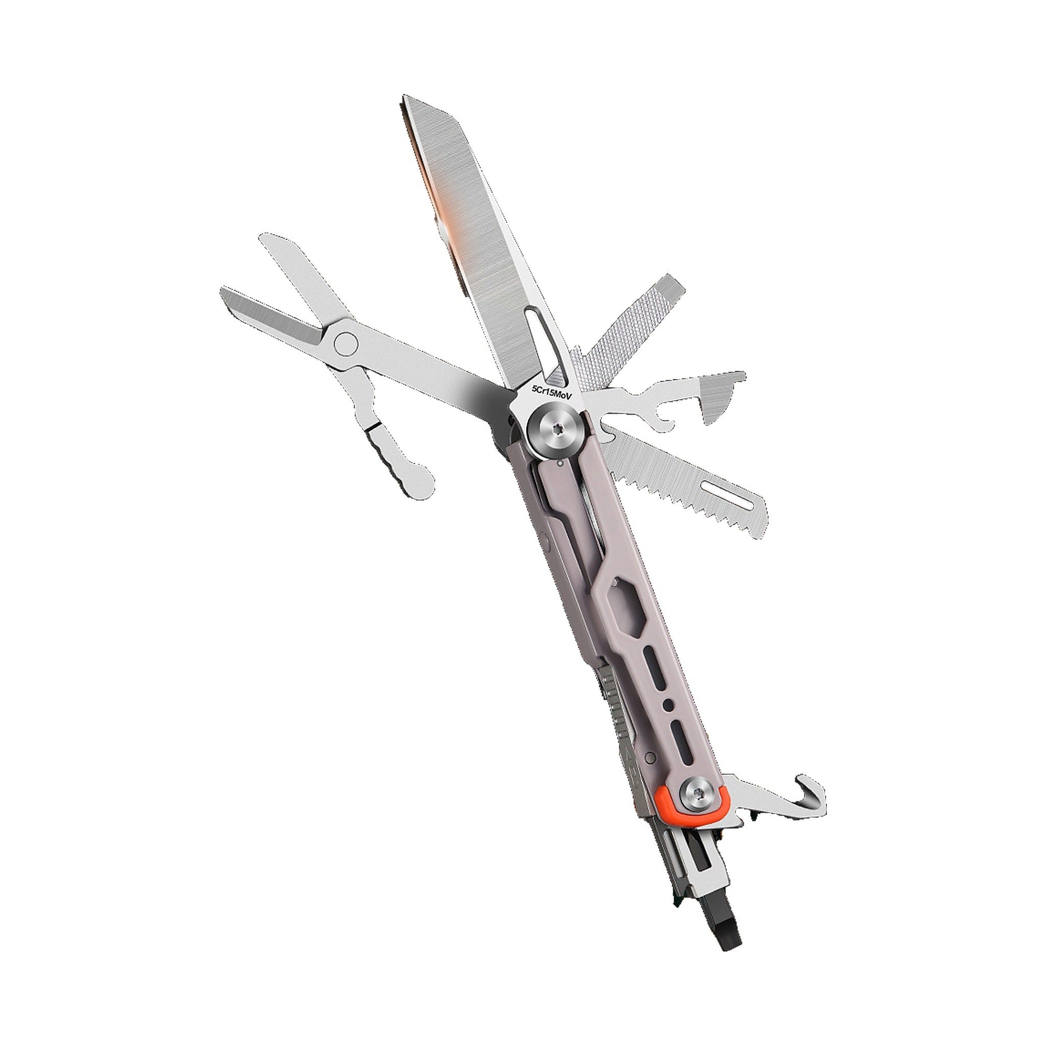 A multi-tool pocket knife with a textured gray handle and silver stainless steel tools extended, including a blade, scissors, and file, on a solid white background.