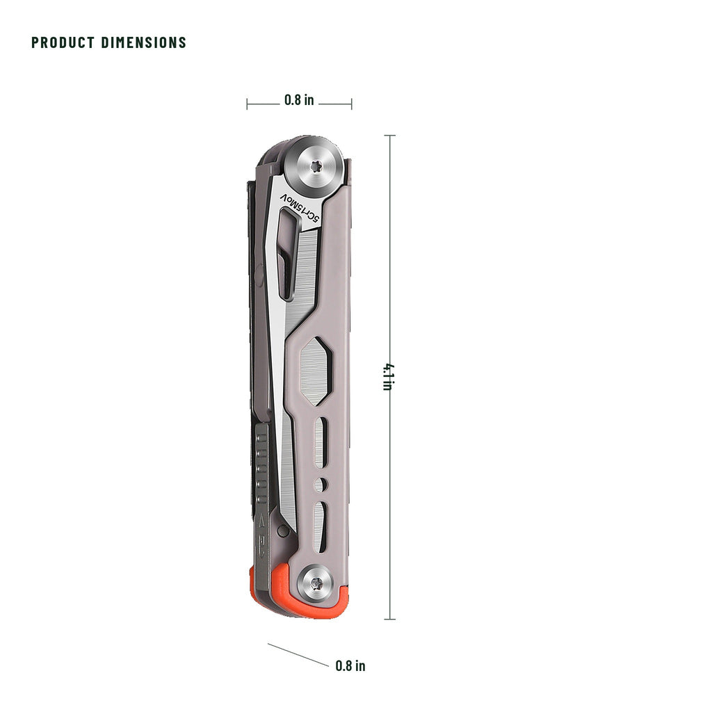 A multi-tool pocket knife shown vertically with dimension lines and text indicating a height of 4.1 in, a width of 0.