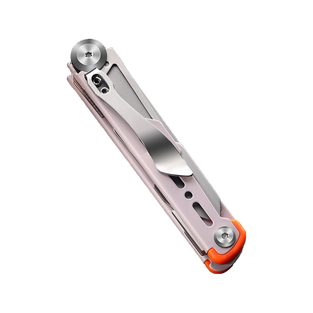 A compact multi-tool pocket knife with a metallic silver body, a pale pink handle scale, and bright orange accents on the end cap, shown on a solid white background.