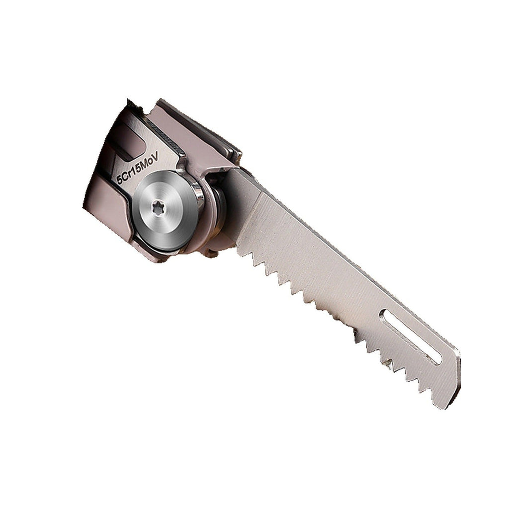 A compact folding pocket saw with a metallic silver blade and a dark gray/black handle, shown on a plain white background.