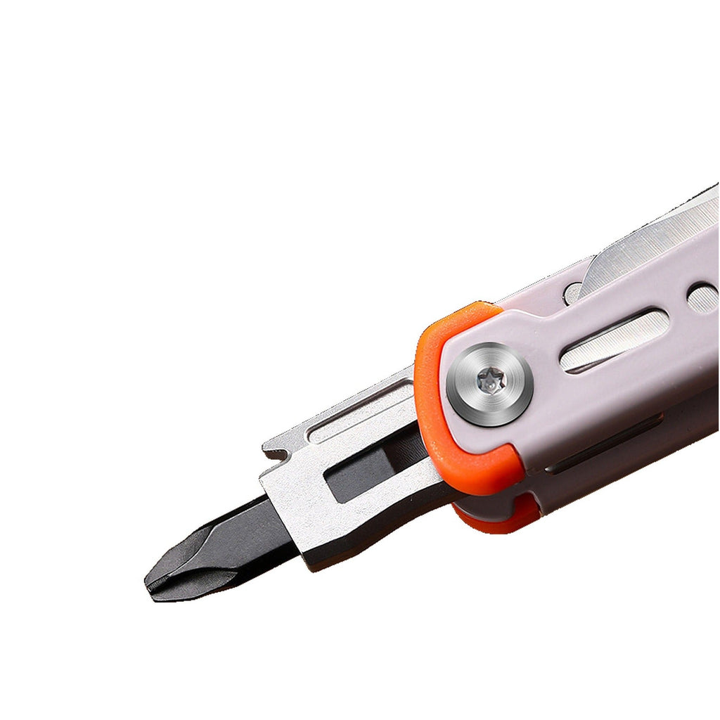 A close-up of a multi-tool with a black flathead screwdriver bit extended, featuring a silver metal body, a light purple handle scale, and a bright orange accent ring.